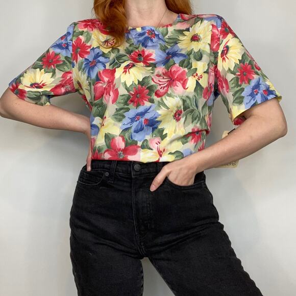 Vintage 90s Cristin Stevens Deadstock Neutral Floating Floral Print Blouse Tee - Picture 2 of 12